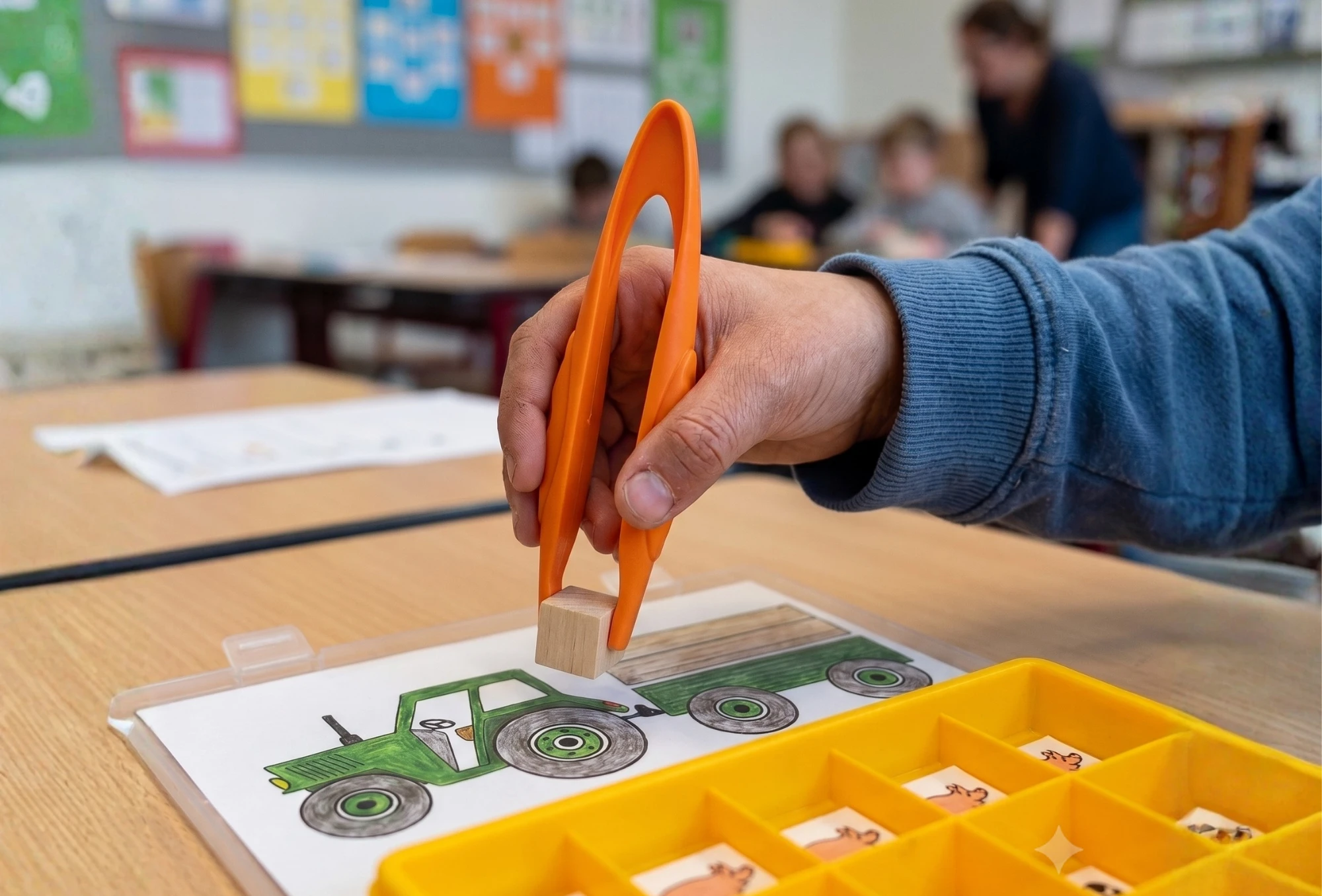 Kinderhand hält mit großer Pinzette einen kleinen Holzwürfel